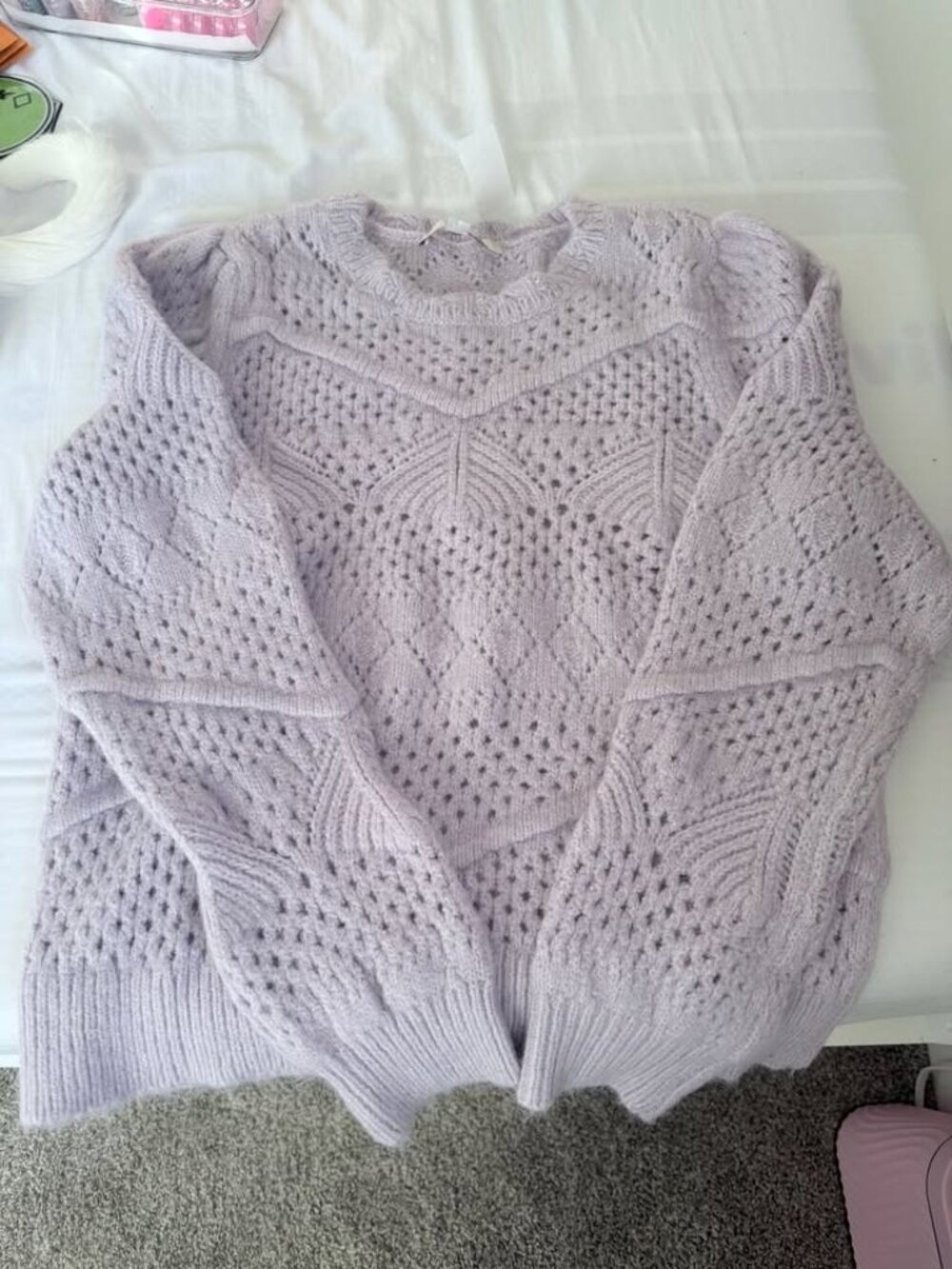 Lavender, Loft scalloped Sweater with puff sleeves